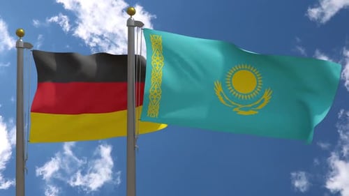 Germany and Kazakhstan Flags Waving Side by Side in Wind