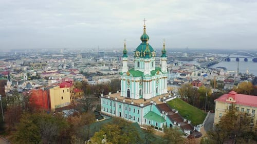 Aerial View of St. Andrews Church in Kiev. The Famous Andrew's Descent in the Capital of Ukraine