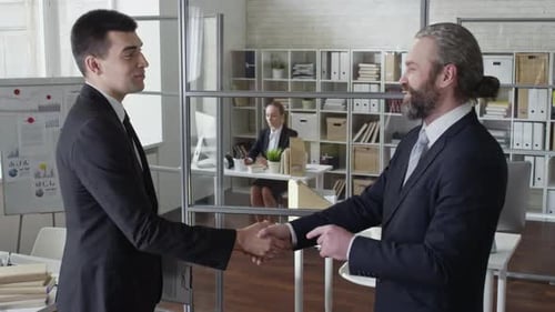 Businessmen Discuss Strategy Then Shake Hands in Office