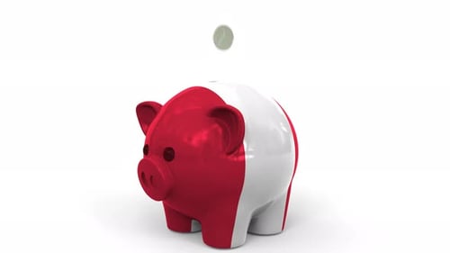 Coins Fall Into Piggy Bank Painted with Flag of Peru