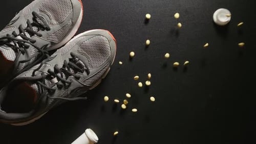 DOPING: Plastic bottle with pills falls near a sneakers