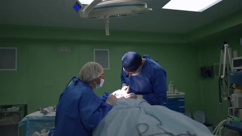 Concentrated Surgeon and Assistant Doing Operation on Patient Face in Surgery Room Indoors