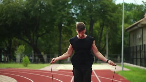 Handsome Muscular Man Standing on Running Track Outdoors on Modern Stadium Doing Exercise with