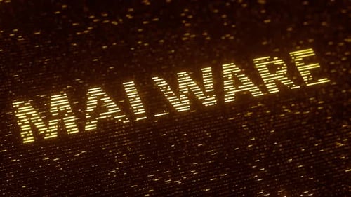 Palavra laranja MALWARE feita com partículas voadoras