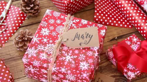 Christmas Presents Arranged on a Wooden Table