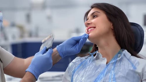 Dentist Comparing Tooth Shades with Smiling Woman