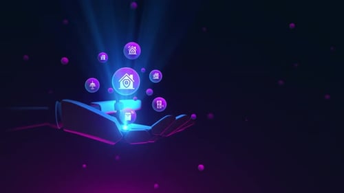 Futuristic Robotic Hand Interacting with Smart Home Icons