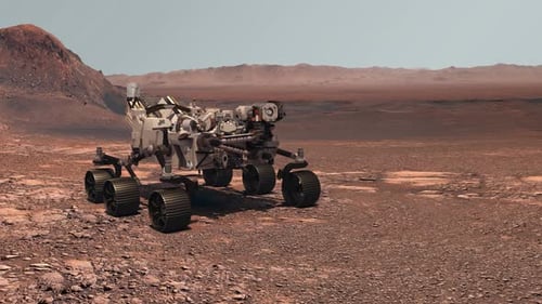 Space Rover Deploying Tools on Red Planet Landscape