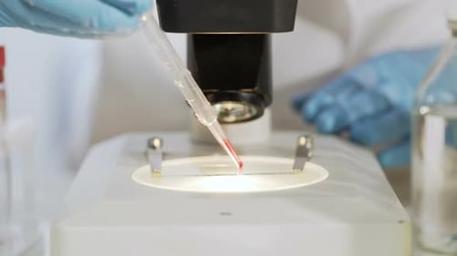 Scientist Adding Sample to Microscope Slide for Analysis