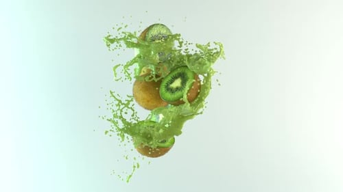3D Realistic Kiwi Fruit and Green Juice Splash