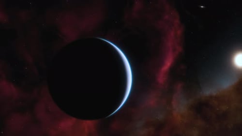 Distant Planet Orbiting Glowing Nebula and Bright Star Background