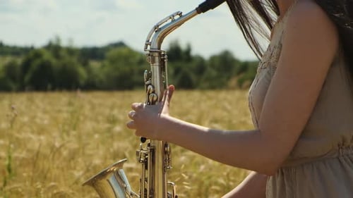 Beautiful Longhaired Brunette Woman Jazz Performer Plays Saxophone Outdoors in Field with Blue Sky