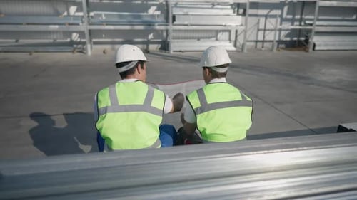 Rückansicht eines professionellen Architekten und Ingenieurs, der im Freien im Lagerhaus sitzt und den Entwurf analysiert