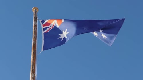 Australian Flag Waving Against a Clear Blue Sky