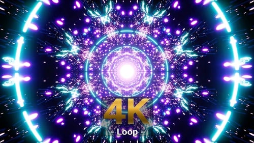 Flickering Circle Light Pulse in the Symmetrical Neon Art Tunnel