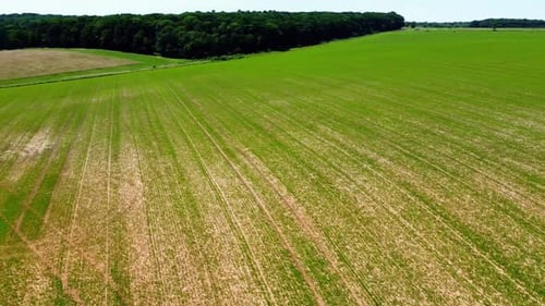 Aerial drone view of a flying over the rural agricultural landscape.