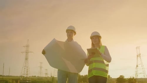 Ingenieur und Supervisor mit Tablet PC und den Zeichnungen befassen sich mit Leitungen und Sendemasten und