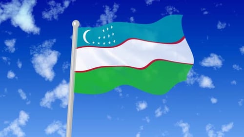 Uzbekistan National Flag Waving Animation with Blue Sky and Clouds