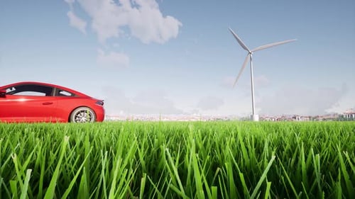 Red Car Stand on the Background of a Windmills Electric Charging on Wind Turbines Vehicles Using