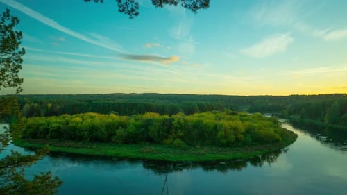 Autumn landscape with river, panoramic time-lapse