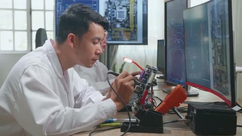 Entwicklungseinrichtung: Asiatischer Ingenieur und Wissenschaftlerteam arbeiten an Computern und entwerfen industrielle Leiterplatten