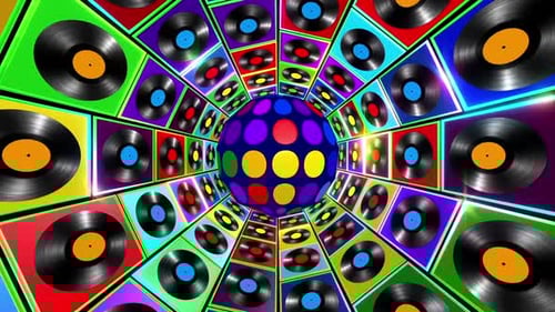 Vibrant Geometric Tunnel with Disco Ball and Records
