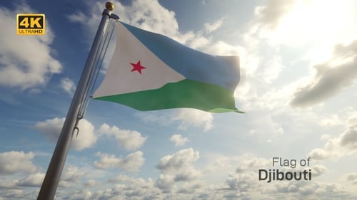 Djibouti Flag Waving in Realistic Cloudy Sky