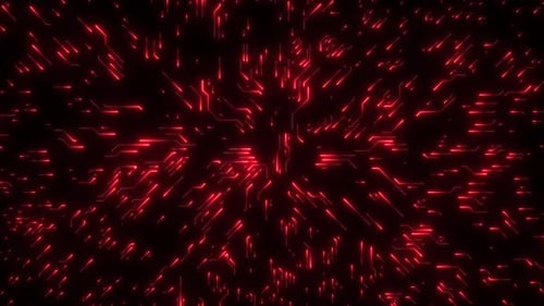 Red Energy flowing through circuits Computer CPU circuit board data storage operation chip.