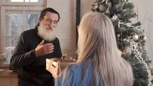 Senior Couple Exchanging Christmas Gifts at Home