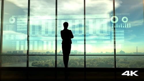 Futuristic Corporate Data Display on Office Window