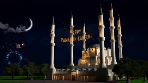 Ramadan Kareem Mosque Greeting Animation with Fireworks