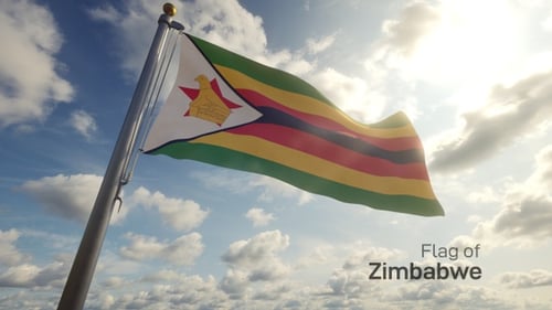 Realistic Waving Flag of Zimbabwe in Sunny Sky