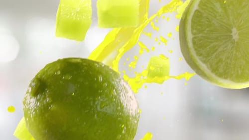 Vibrant Lime Fruit Slices Falling with Yellow Liquid Splash