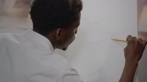 Artist Sketching Drawing on Canvas Close Up