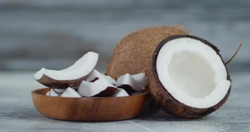 Fresh Coconuts and Pieces Close Up