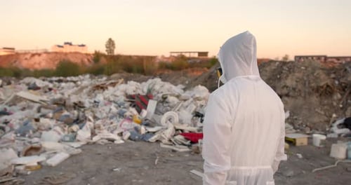 Researcher Looking at Plastic Landfill Analyzing Environmental Pollution