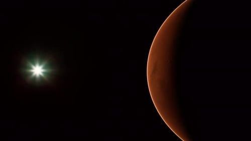 Rotating Red Planet with Bright Star in Deep Space