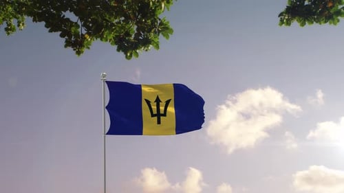 Flagge von Barbados mit moderner Stadt