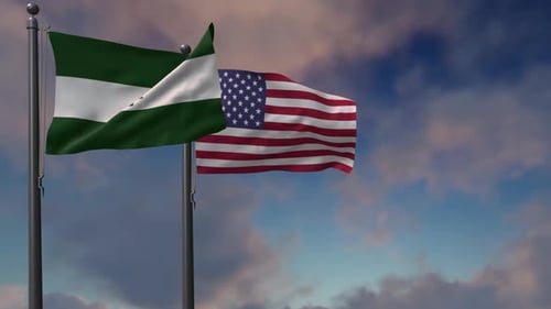 Realistic Waving Flags of United States and Green Tree Symbol