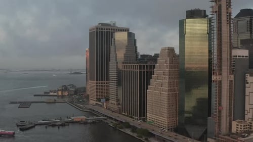 Flight Towards Foggy Pier of Manhattan New York City Skyline