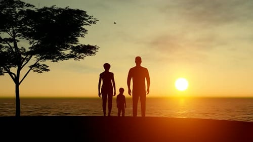 Family Silhouettes at Sunset Over Ocean
