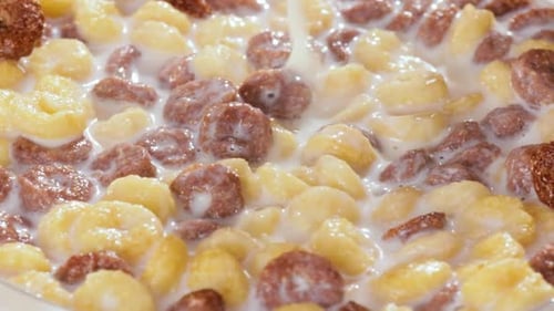 Colorful Cereal Rings Soaked in Milk with Spoon