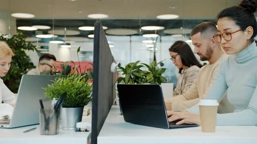 Office Workers Collaborate on Laptops in Modern Workplace