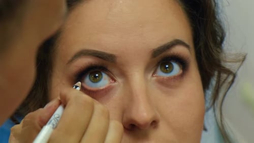 Makeup Artist Apply Makeup on the Eyes of Young Woman