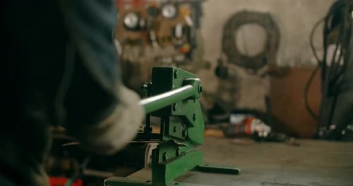 Locksmith Uses Guillotine Mechanical Sheet Metal Cutter at His Workshop Manual Metalwork Prores HQ