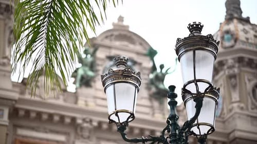 Casino of Monte Carlo building with big metallic lanterns in Monaco, close up view