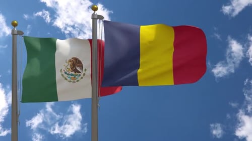 Mexico and Romania Flags Waving in Wind