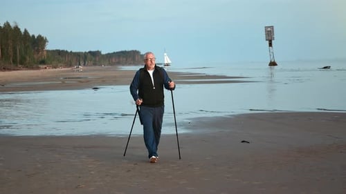 Happy Elderly Grandfather Exercising Walking Stick Healthy Lifestyle Sunset Beach Nature Scenery