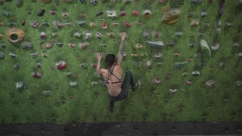 Fitness Professional Woman Arrives at the Artificial Rock Wall and Starts Climbing