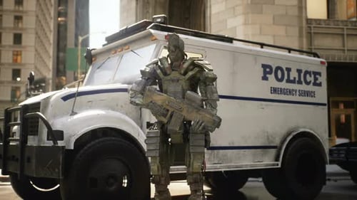 Futuristic Robot Soldier with Rifle Guards Police Truck